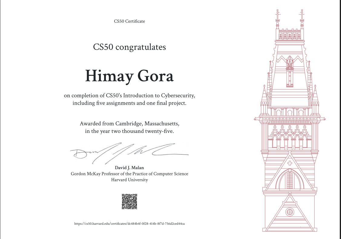 edX Harvard CS50 Introduction to Cybersecurity Certification screenshot