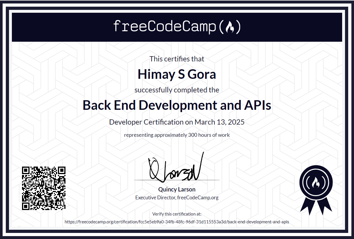 FreeCodeCamp Back End Development and APIs Certification screenshot