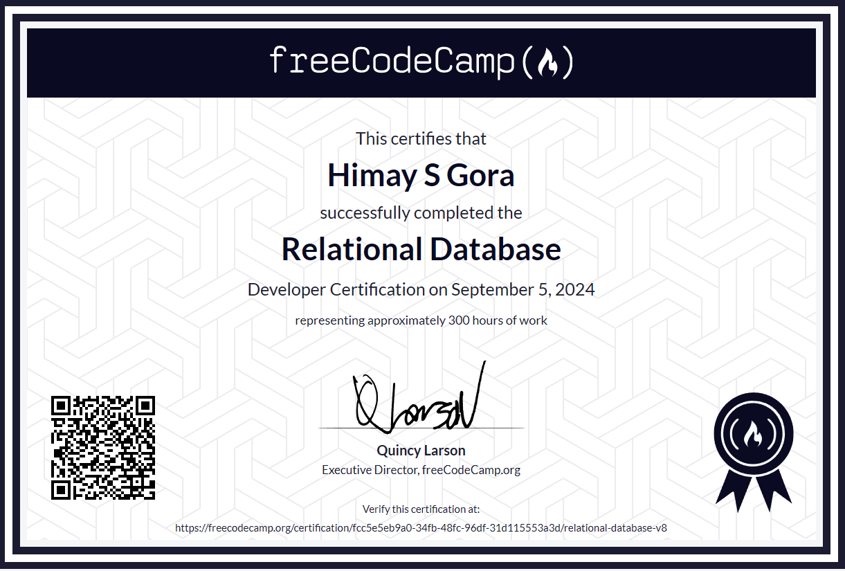 FreeCodeCamp Relational Databases Certification screenshot