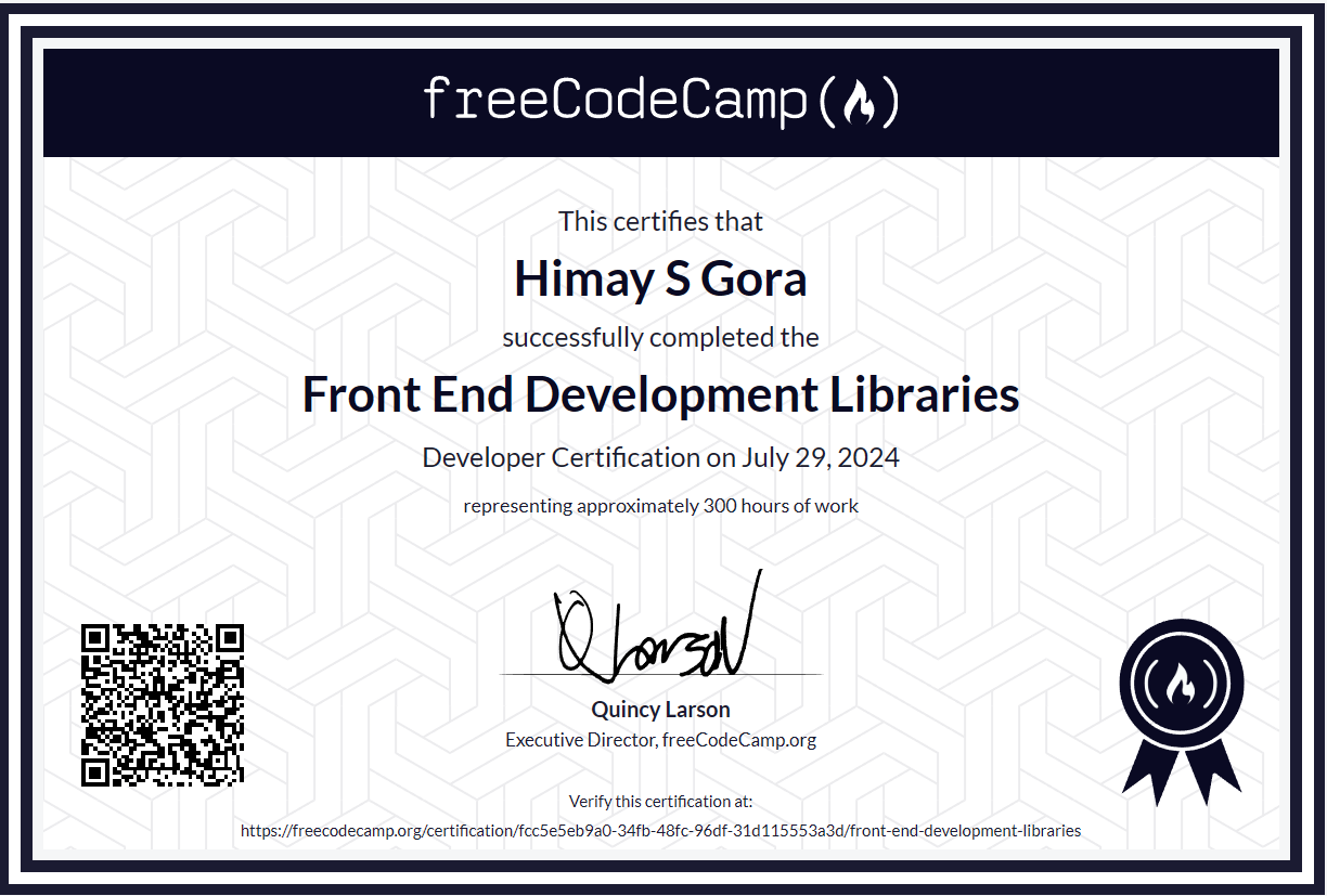 FreeCodeCamp Front End Development Libraries Certification screenshot