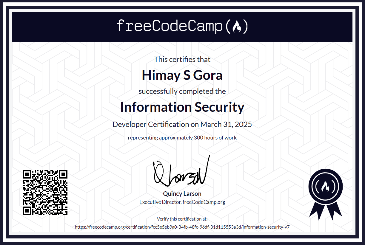 FreeCodeCamp Information Security Certification screenshot