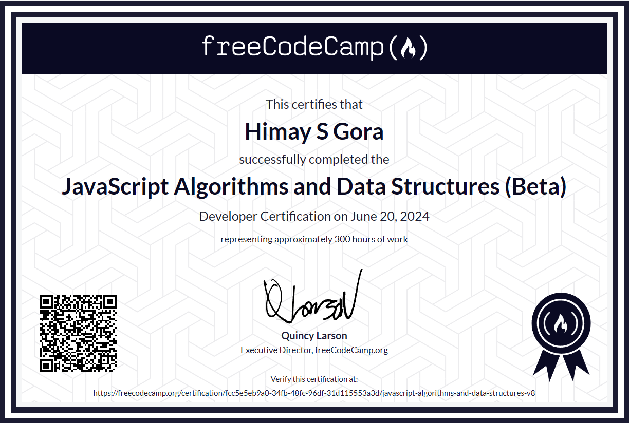 FreeCodeCamp JavaScript Algorithms and Data Structures Certification screenshot