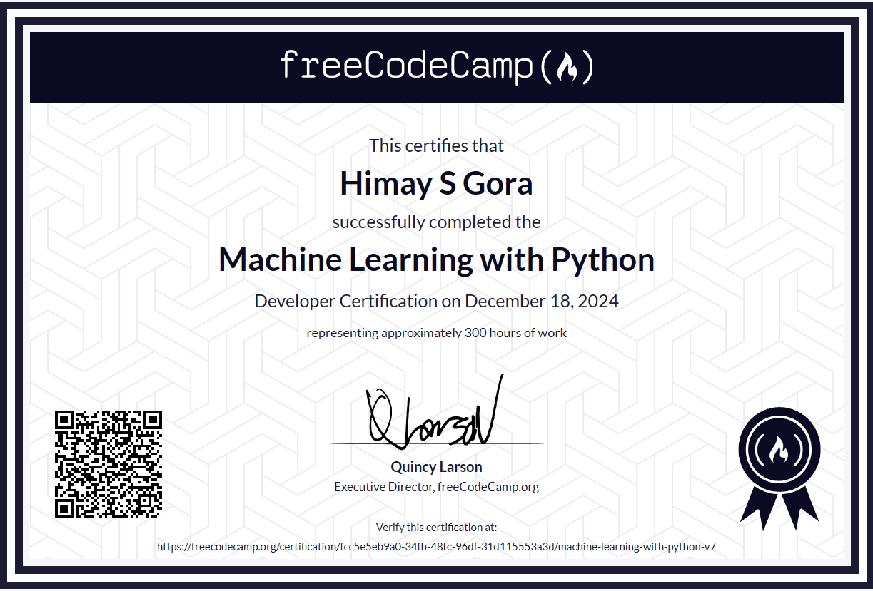 FreeCodeCamp Machine Learning with Python Certification screenshot