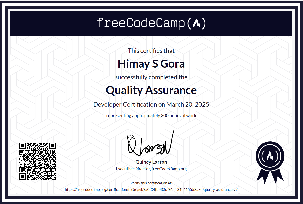 FreeCodeCamp Quality Assurance Certification screenshot